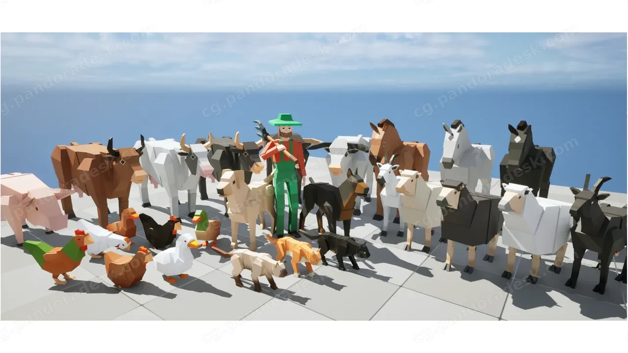 卡通农场动物与农夫——3D低多边形方块风格 Animated Farm Animals & Farmer- 3D LOW POLY Cubic