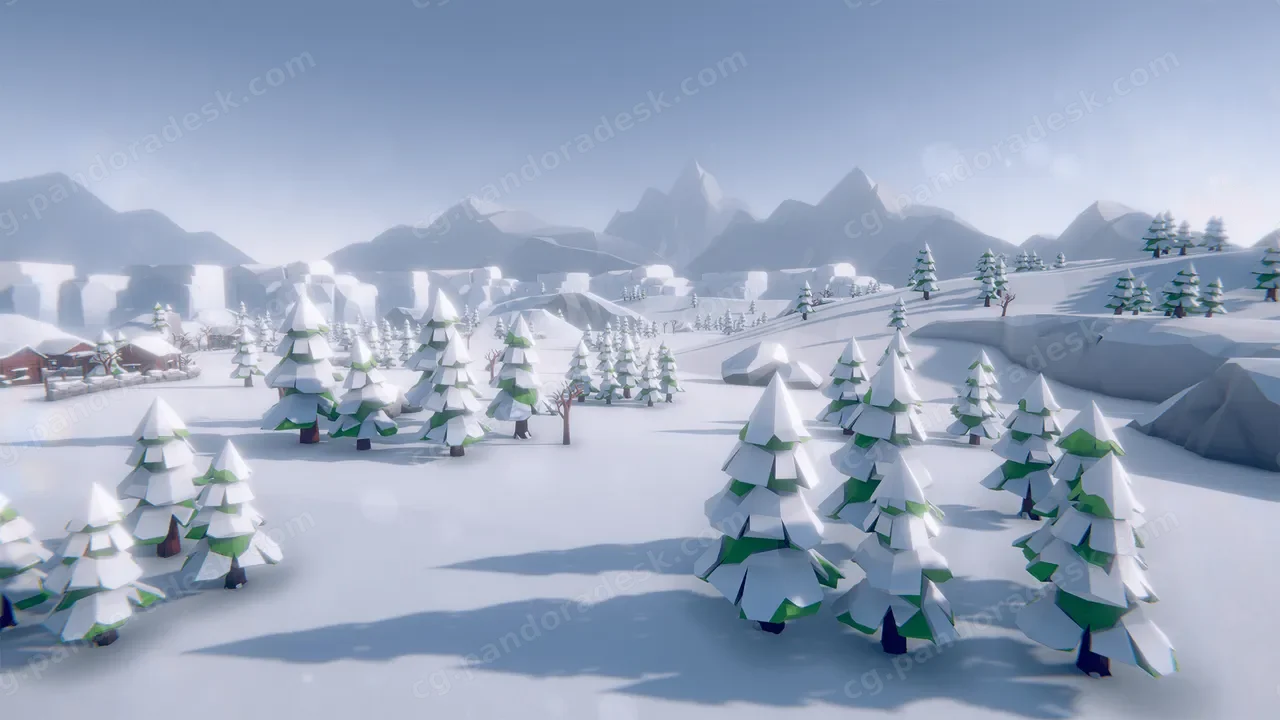 风格化冬季城镇-Lowpoly Style Winter Environment