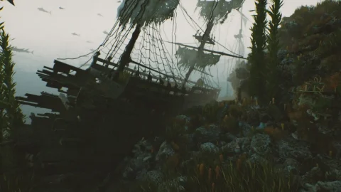 海湾水下潜航船鱼岩石场景 Bay submerged ships