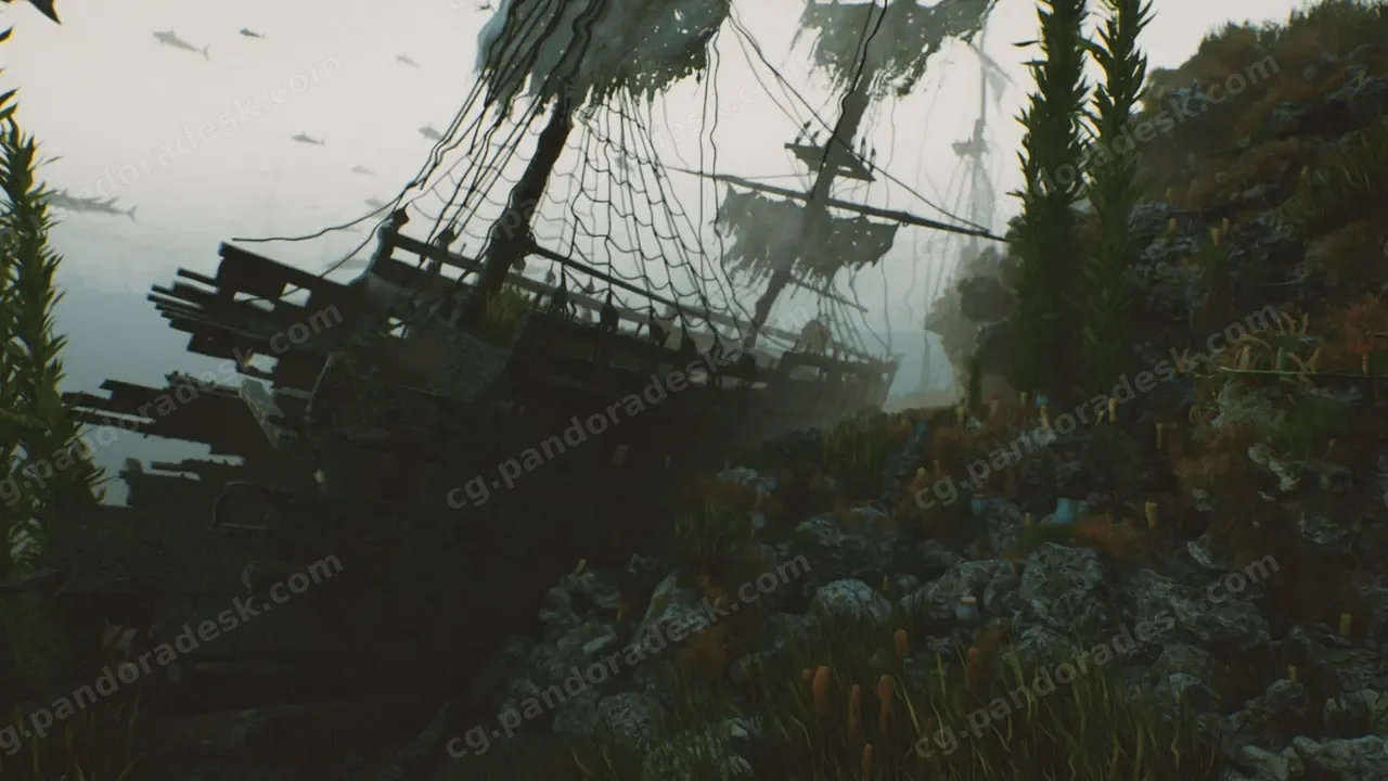 海湾水下潜航船鱼岩石场景 Bay submerged ships