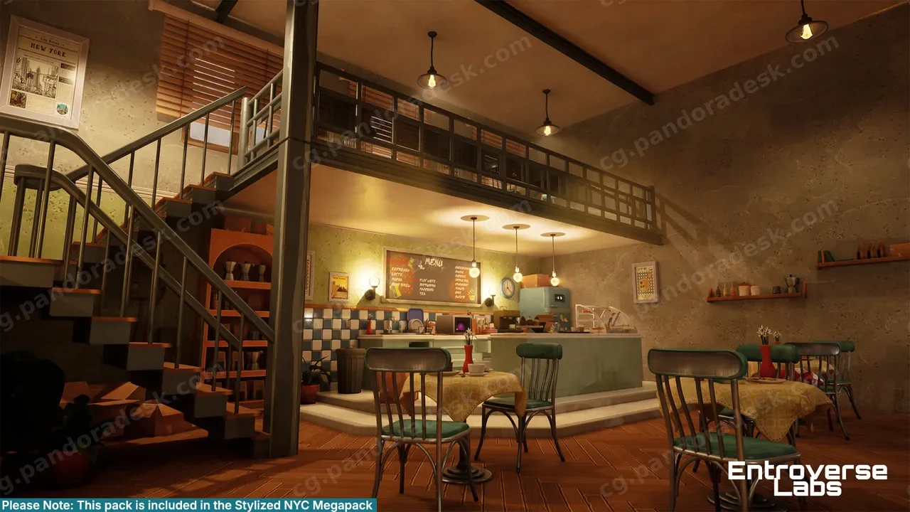 风格化的纽约咖啡馆 - Stylized New York Cafe – Coffee Shop Interior Modular Environment