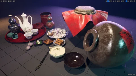 中国古代酒瓶套装和小吃 - Chinese Wineset & Snack