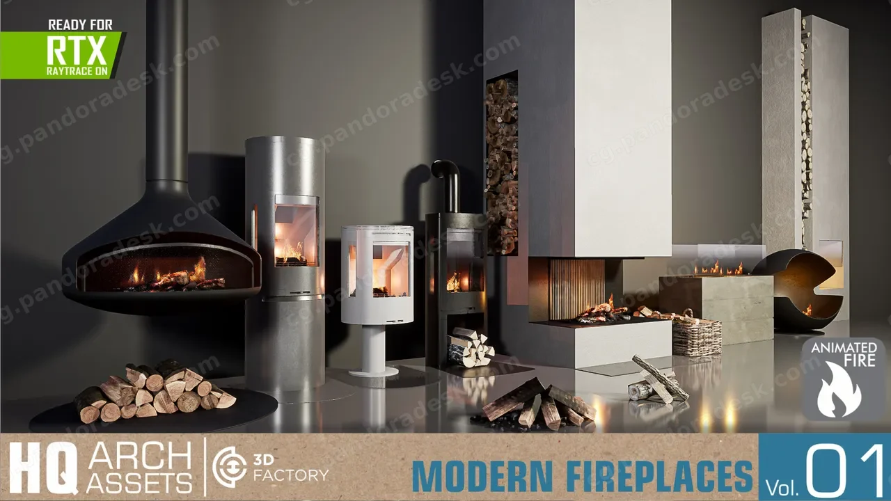 壁炉柴火木篮动画模型-HQ Fireplaces Vol. 1