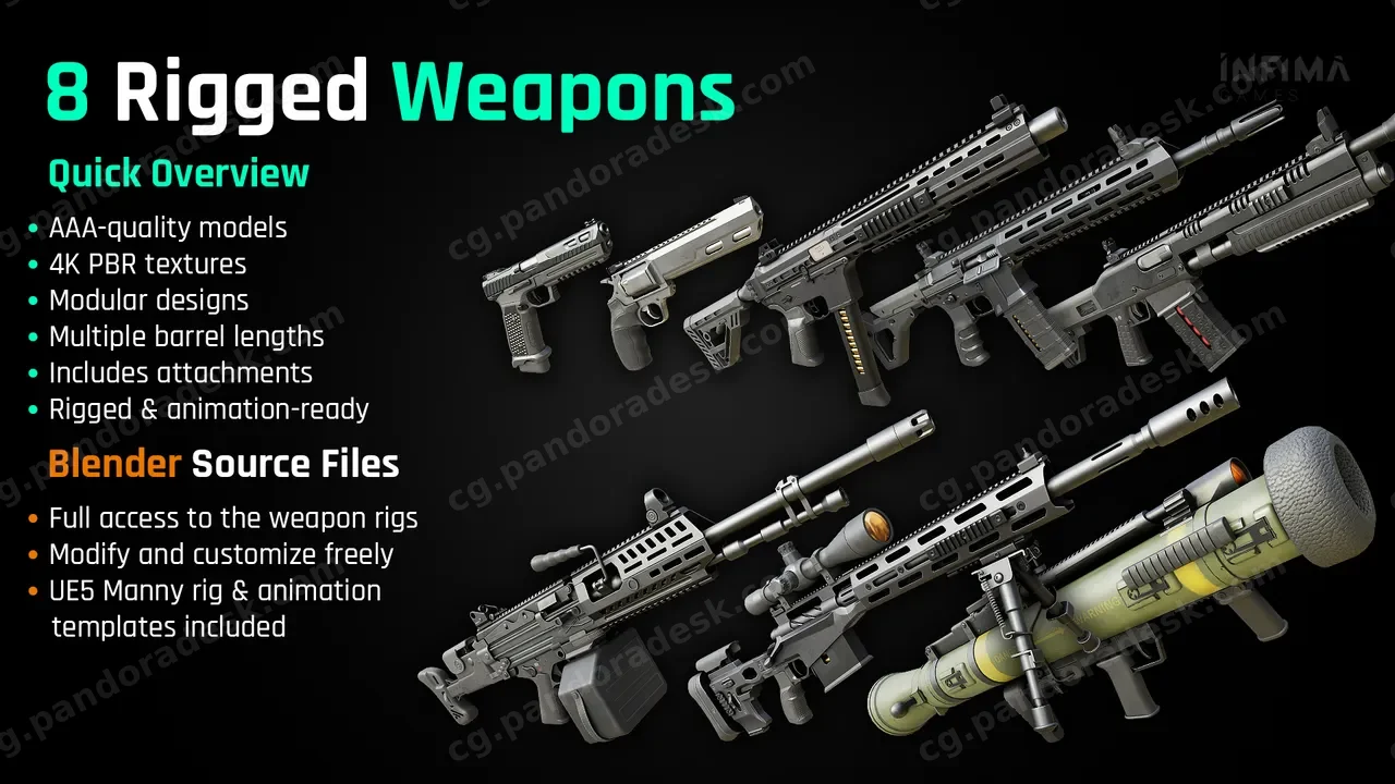 现代枪械合集 - 已绑定骨骼、可直接用于游戏成品模型 - Modern Guns Bundle - Rigged & Game Ready Models
