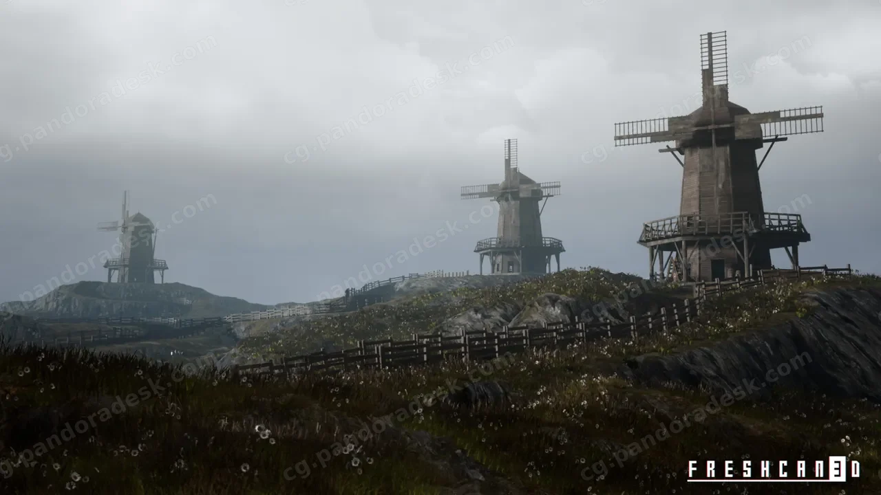 中世纪风车与内饰 - Medieval Windmill with interiors ( Medieval Rural Windmill, Medieval Landscape )