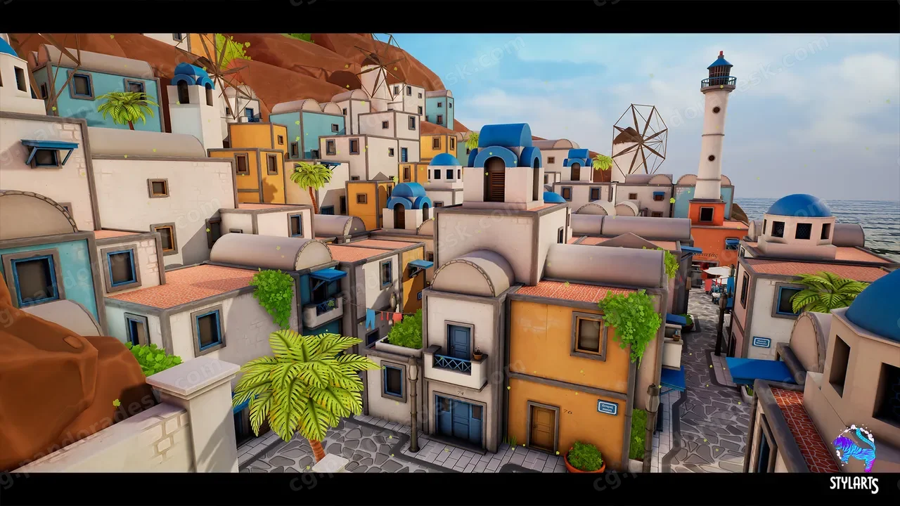 风格化卡通希腊岛屿场景 - Stylized Greek Island