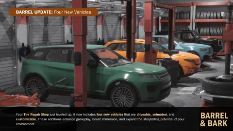 可停放四辆维修车辆的轮胎修理店环境 - Tire Repair Shop Environment with 4 Driveable Cars
