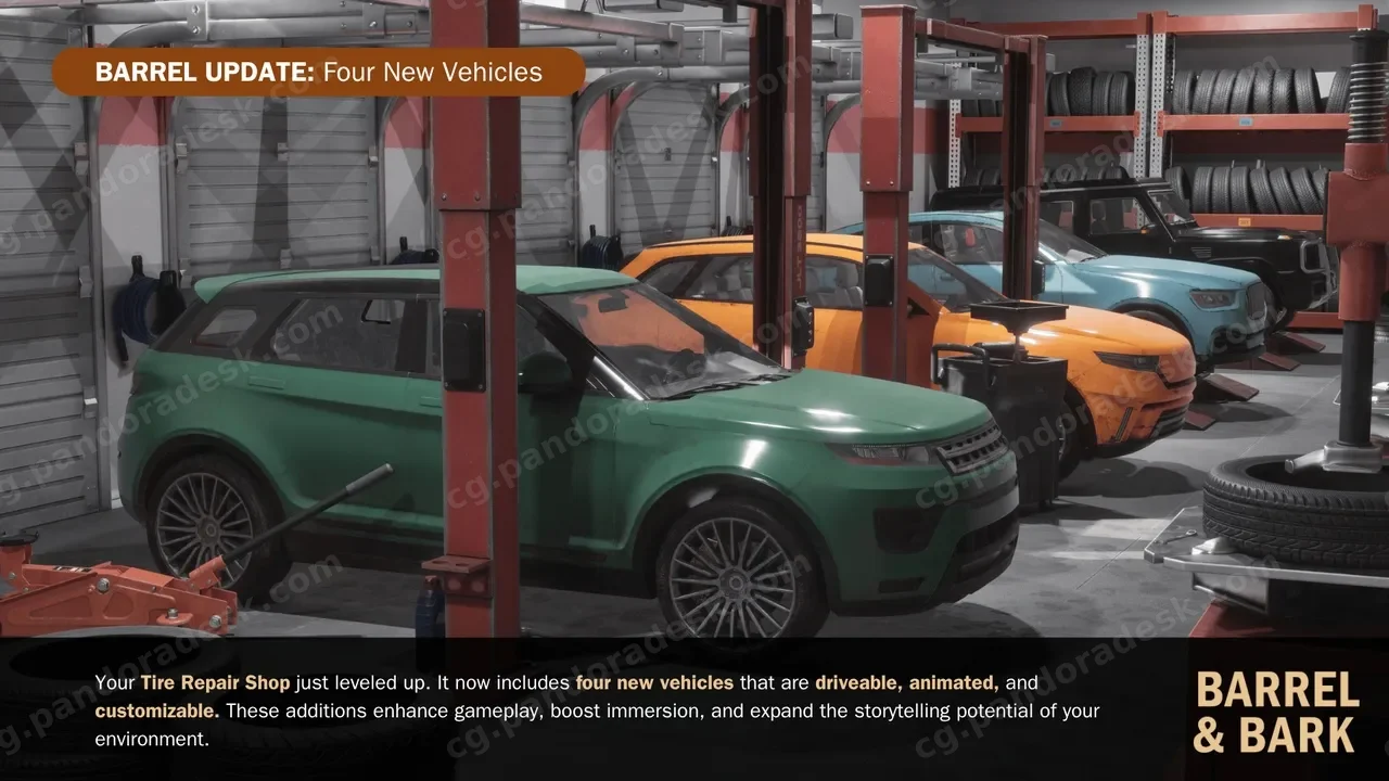 可停放四辆维修车辆的轮胎修理店环境 - Tire Repair Shop Environment with 4 Driveable Cars